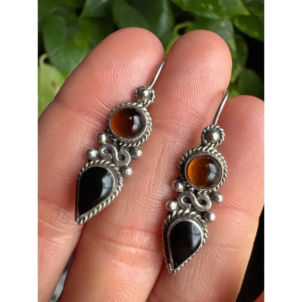 Vintage‎ CARSI Taxco Signed TC-57 Sterling Amber Onyx Earrings Pierced 925